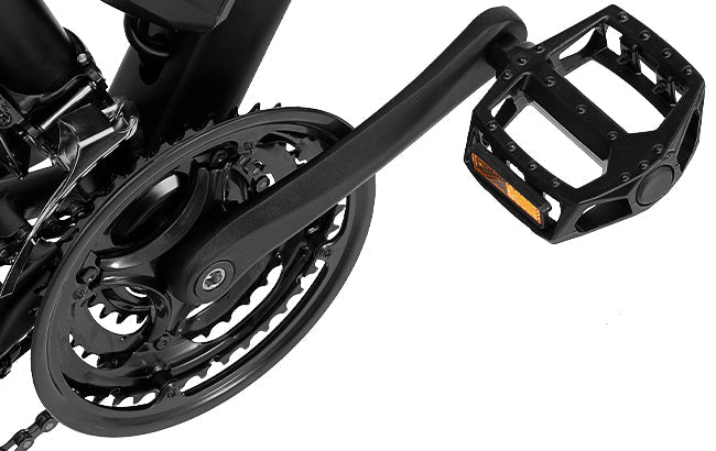 Steel chainring with PVC guard: Guards attached to the right side of the chainring protect the gear from accident damage when riding or parking.