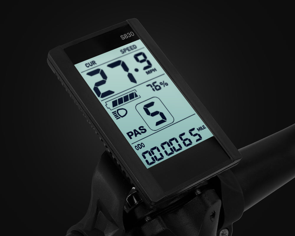 Turn on or off the bike, Keep track of your speed, pedal assist level and battery, with this perfectly placed LCD screen. Located on the handlebars of your folding e bike this easily viewable.